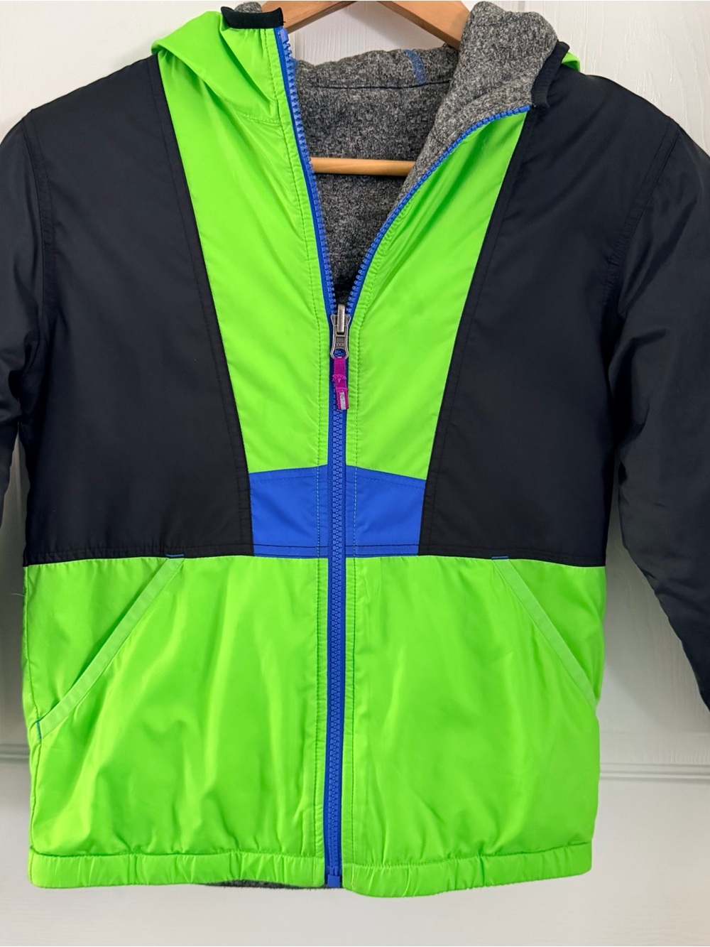 Columbia Neon Green, Blue & Black Kids Hooded Puffer Jacket REVERSIBLE
